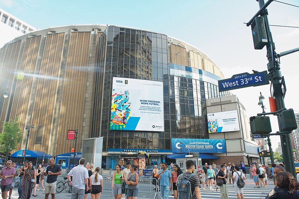 The exterior marquee signs of Madison Square Garden illuminated during an event in New York City